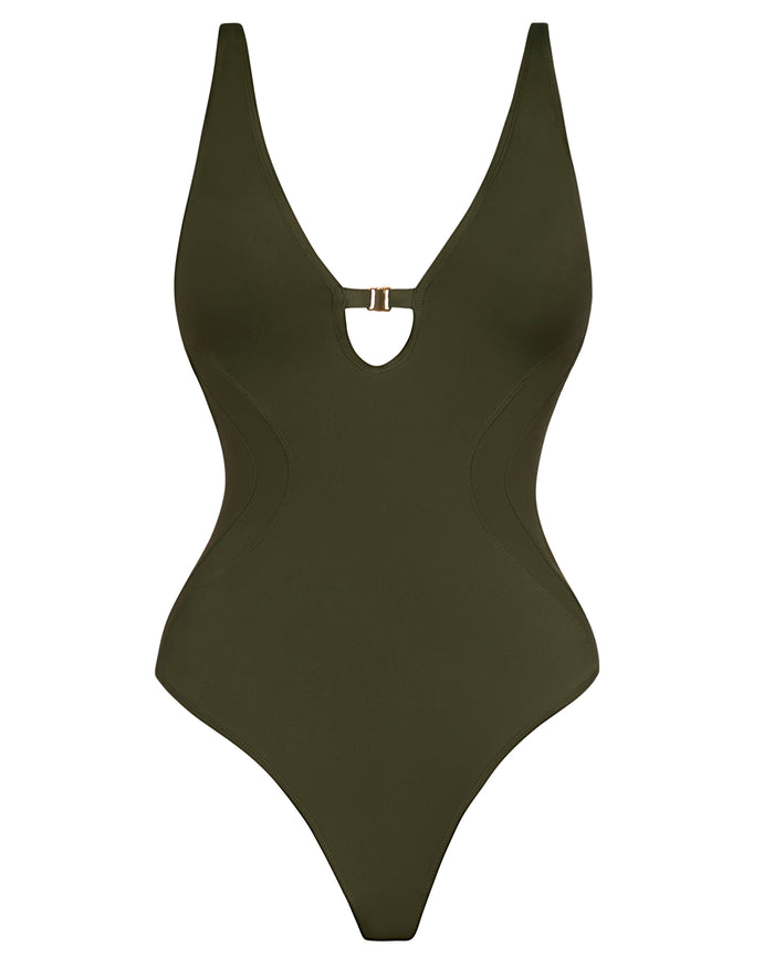 Outline image showing Brazilian Plungey Keyhole Tummy Control Shapewear Swimsuit - Fern Green