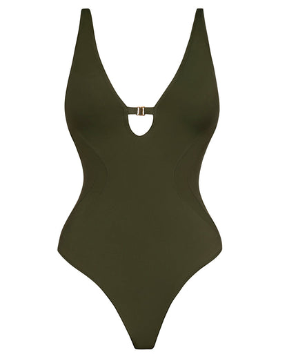 Outline image showing Brazilian Plungey Keyhole Tummy Control Shapewear Swimsuit - Fern Green