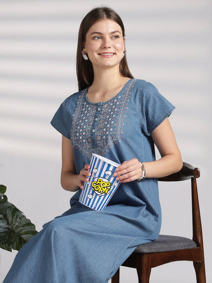 Sky blue denim feel nighty for women with embroidery