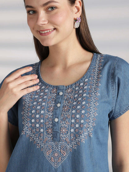 Sky blue denim feel nighty for women with embroidery