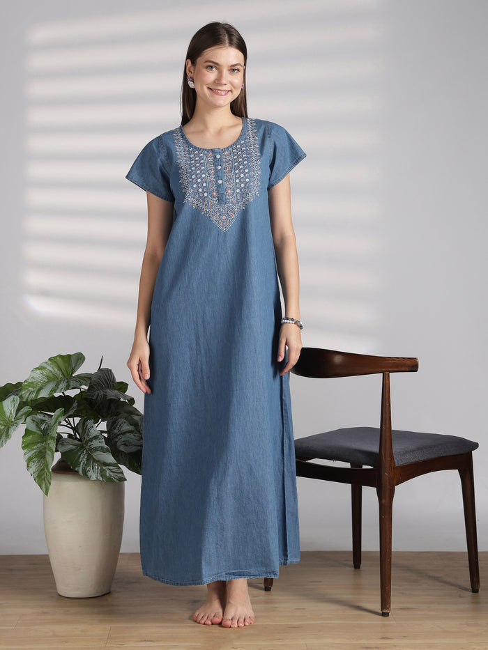 Sky blue denim feel nighty for women with embroidery