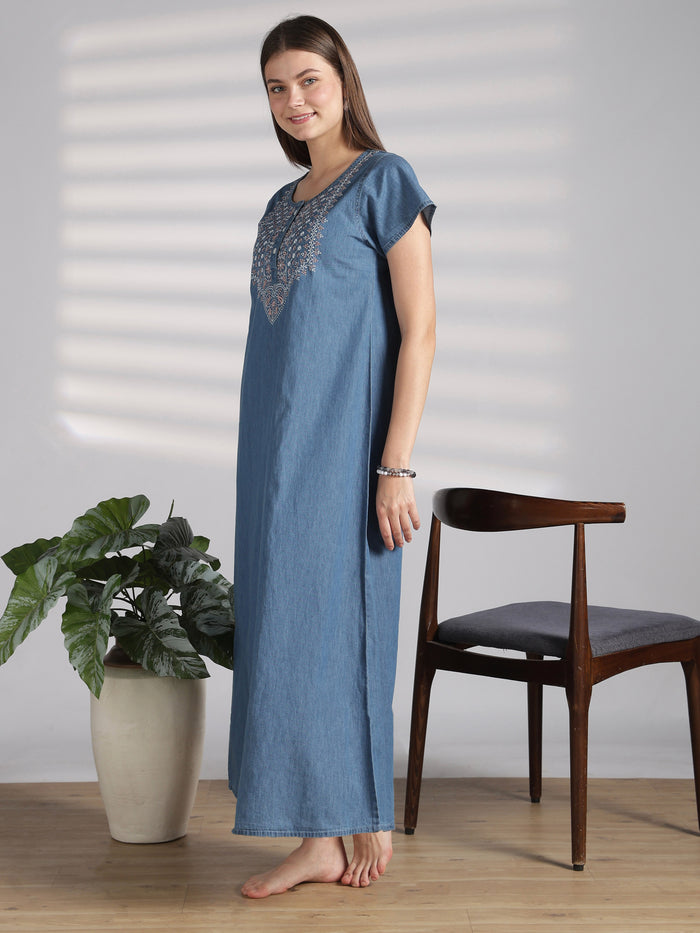 Sky blue denim feel nighty for women with embroidery