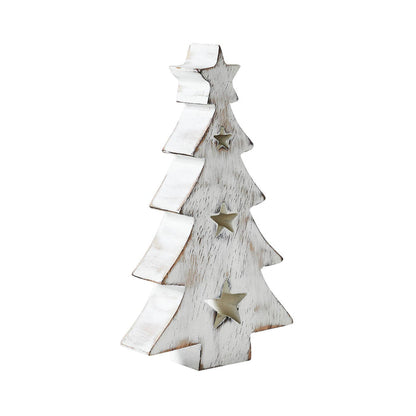 Christmas Tree w/ Stars White Wooden Figurine 6x3.25x1