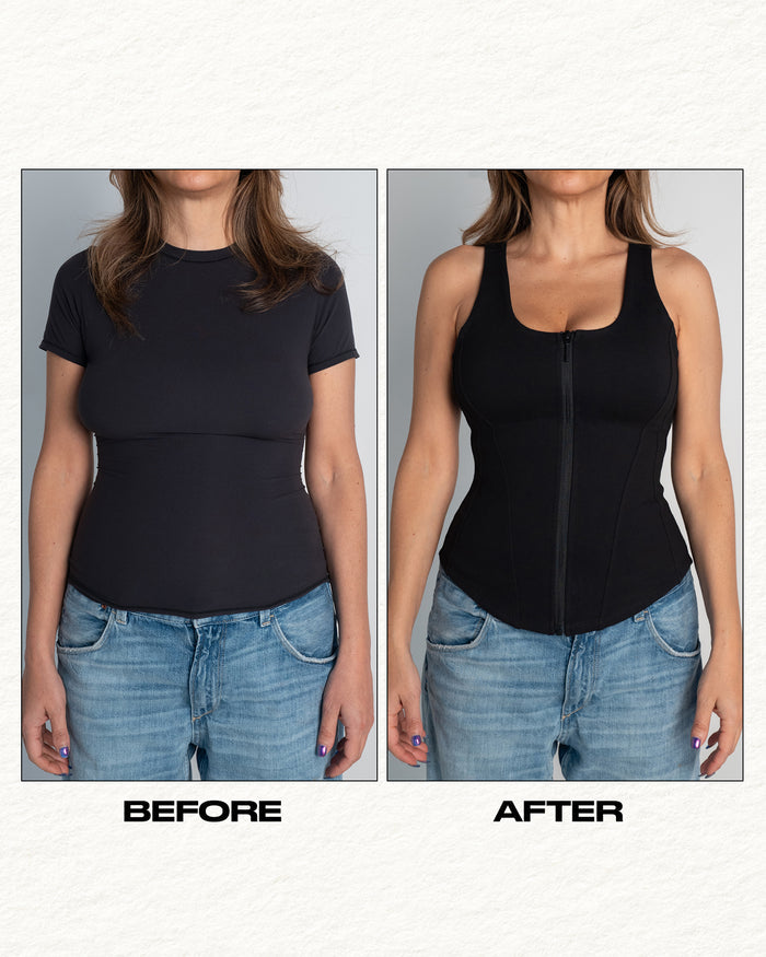 Before and after in Corsety Scoop Neck Zip Front Tummy Control Shapewear Tank Top - Black