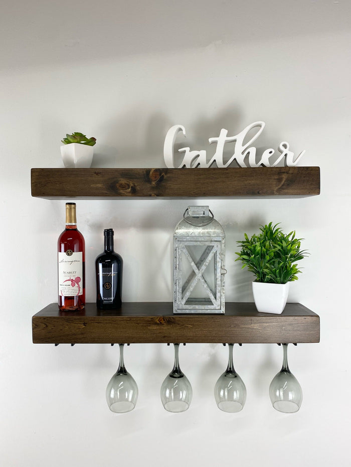 Dark Gray Floating Shelf with Wine Glass Hangers