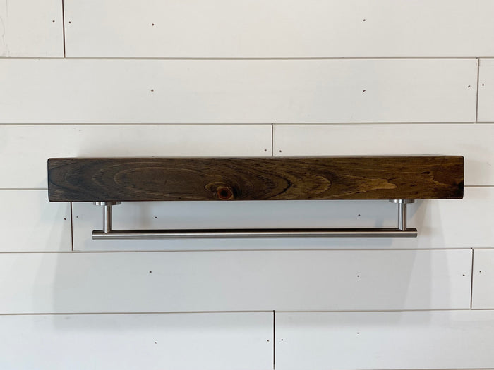 Dark Walnut Floating Shelf - Round Satin Nickel Towel Bar
