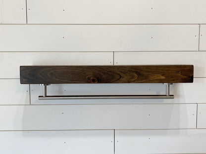 Dark Walnut Floating Shelf - Round Satin Nickel Towel Bar