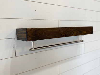 Dark Walnut Floating Shelf - Round Satin Nickel Towel Bar