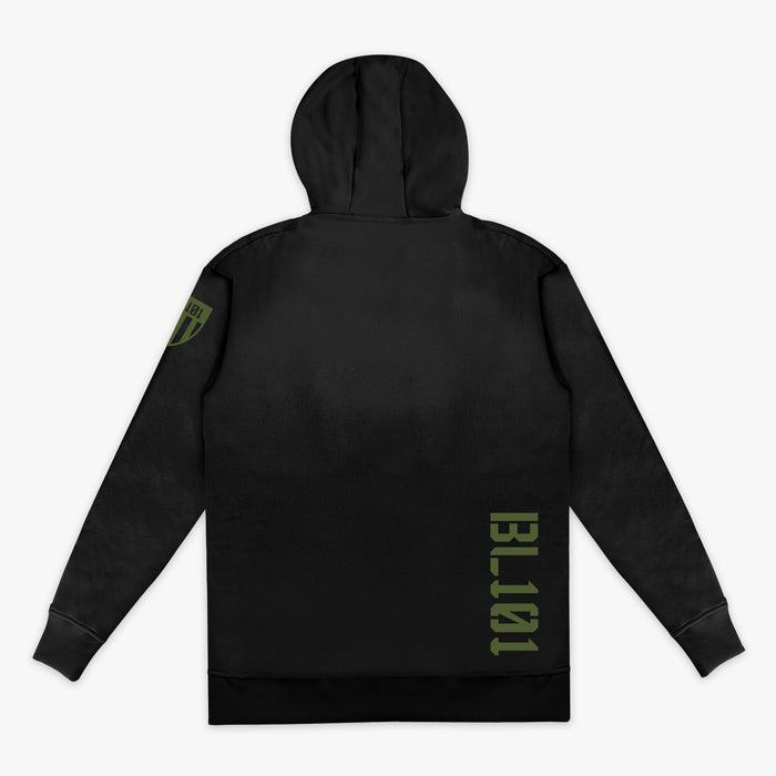 Black Youth hoodie with an olive green BL101 logo on the bottom right of the back and an olive green BL101 Armor logo on the sleeve