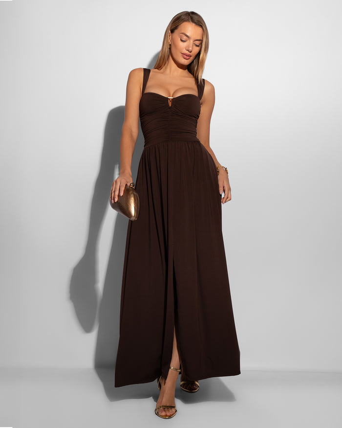 Model Wears Goddessy Maxi Shapewear Dress - Espresso Full Front View showing Front Slit