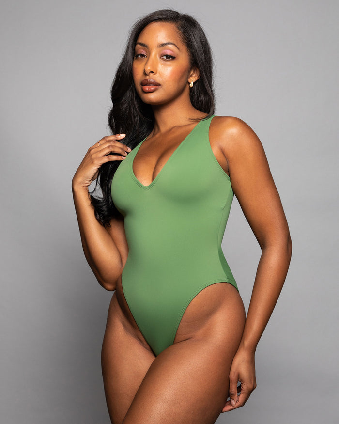 Hi Cut Plungey tummy control swimsuit in Army by TA3, view 1