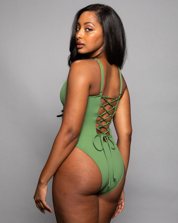 Hi Cut Plungey tummy control swimsuit in Army by TA3, view 2