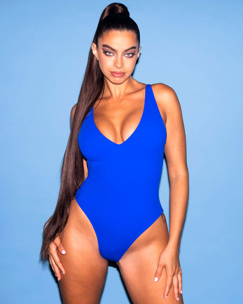 Hi Cut Plungey tummy control swimsuit in Sapphire by TA3, view 1
