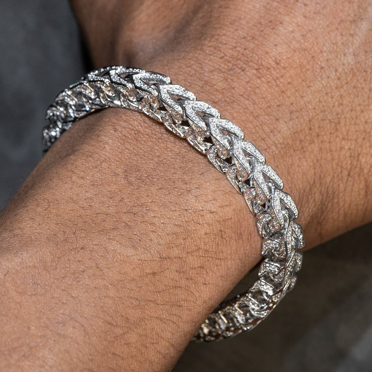 Gold Jewelry -  Mens 14K White Gold Iced Out VVS Solid Franco Bracelet