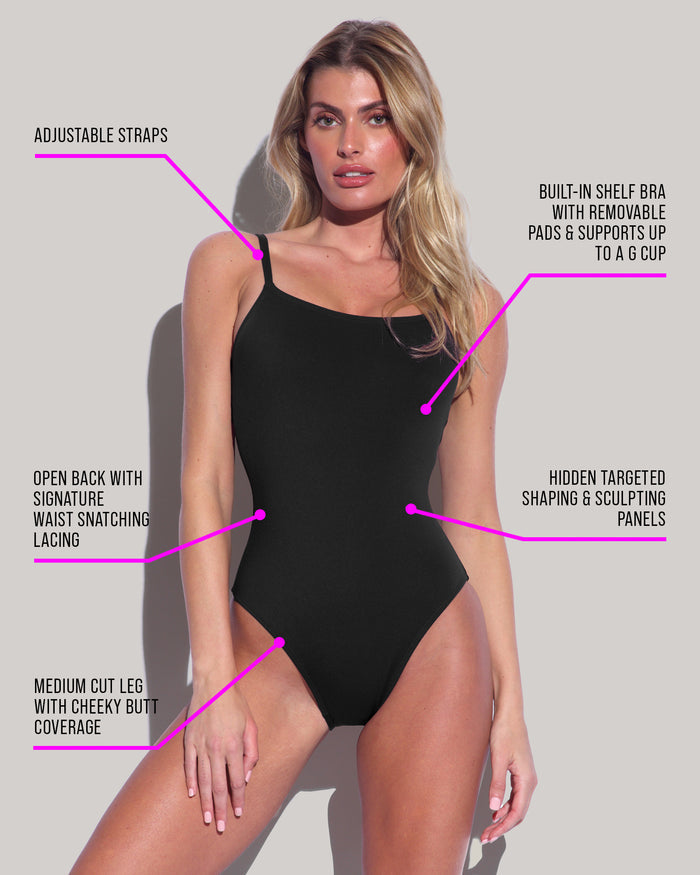 Diagram of Lacey - Black tummy control swimsuit shaping panels