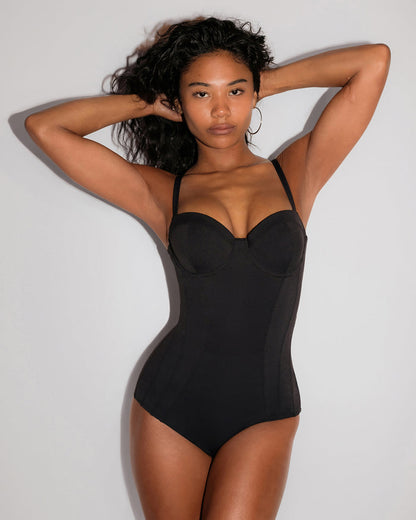 Model wears Lushy Hipster Full Butt Coverage Tummy Control Shapewear Swimsuit - Black
