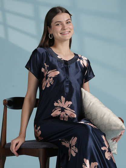 Glossy navy floral satin nighty dress for women