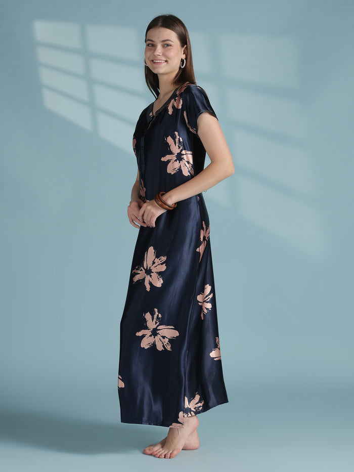 Glossy navy floral satin nighty dress for women