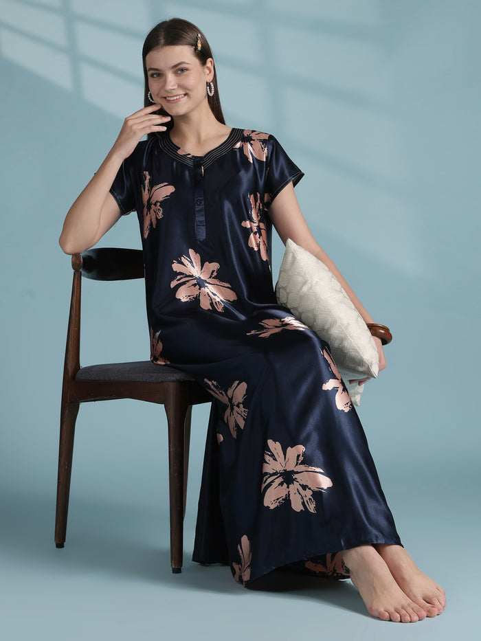 Glossy navy floral satin nighty dress for women