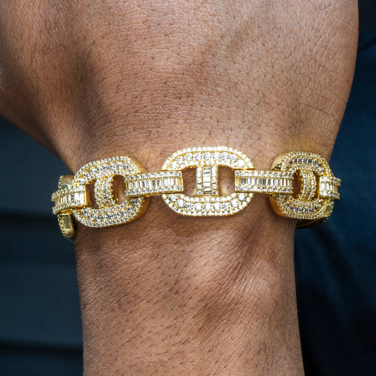 Gold Jewelry -  Mens 14K Gold Iced Out VVS Baguette Mariner Bracelet