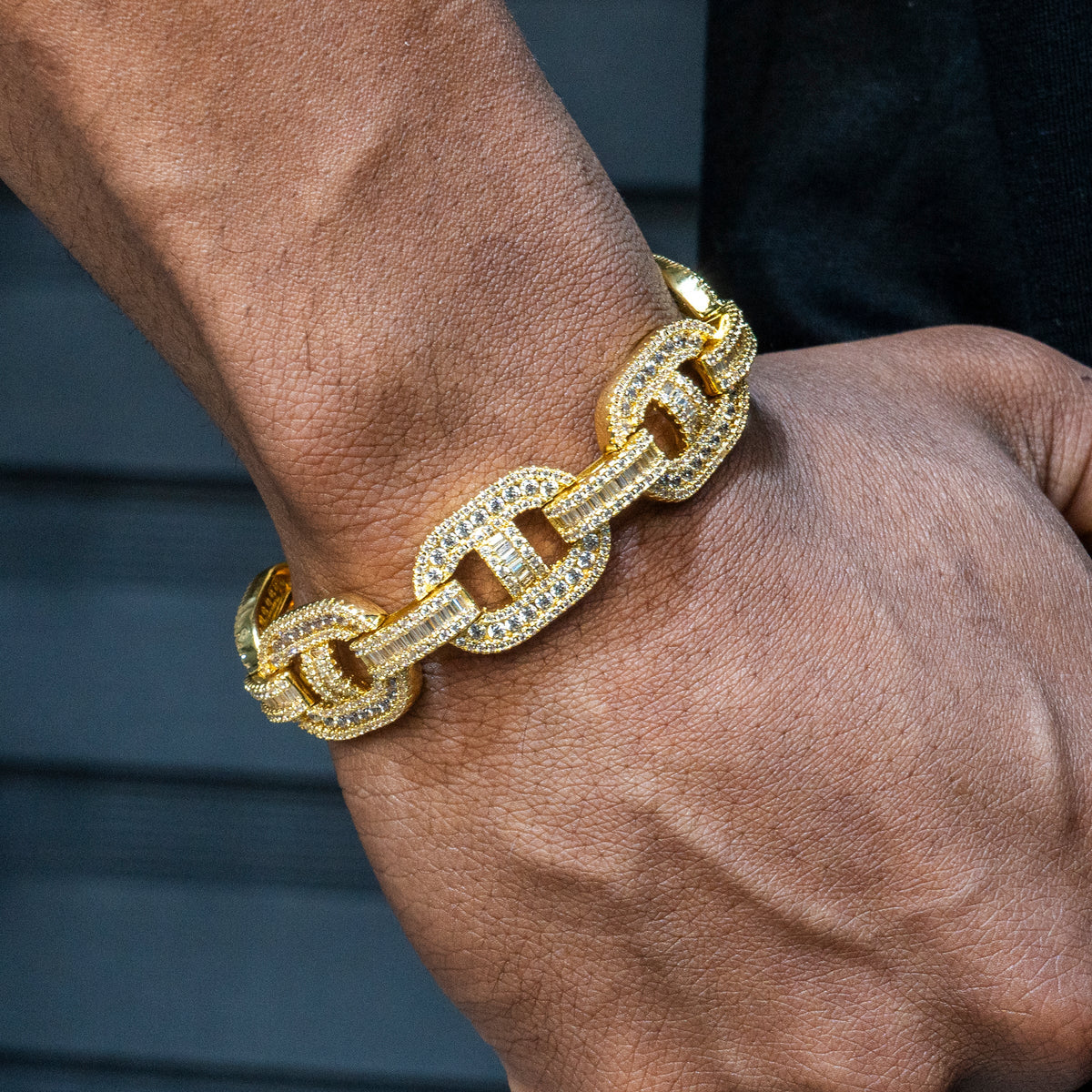 Gold Jewelry -  Mens 14K Gold Iced Out VVS Baguette Mariner Bracelet