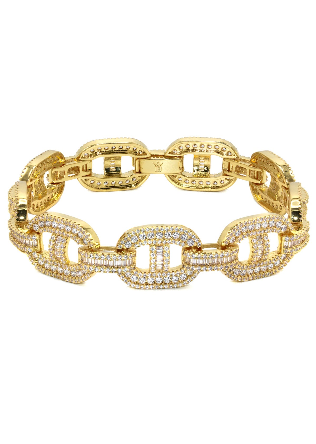 Gold Jewelry -  Mens 14K Gold Iced Out VVS Baguette Mariner Bracelet