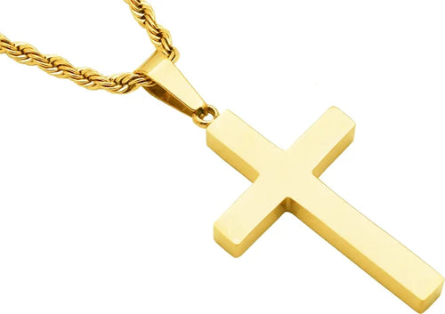 Men's Gold Stainless Steel Cross Pendant With 24" Rope Chain