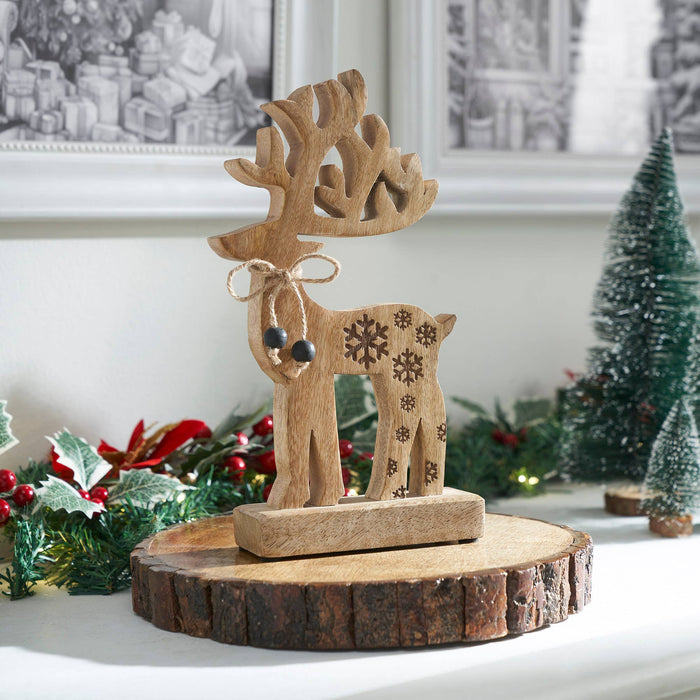 Natural Wooden Snowflake Reindeer 11x6x2