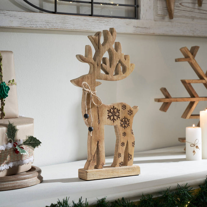 Natural Wooden Snowflake Reindeer 11x6x2