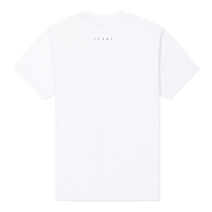 White t-shirt with "LFANT" on the back.
