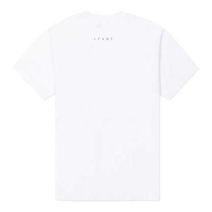 White t-shirt with "LFANT" on the back.