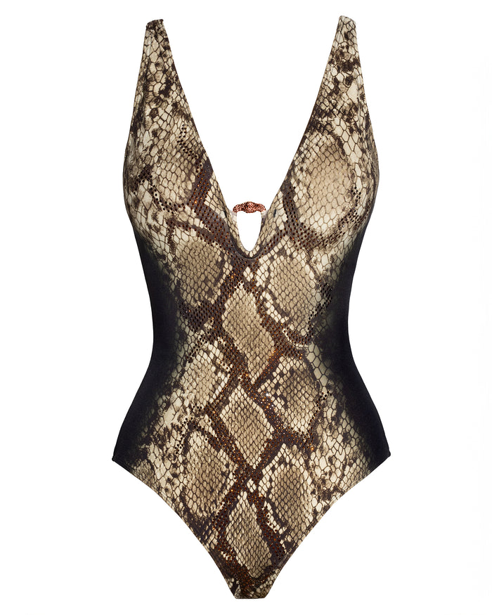 Outline image of Plungey Triangle - Natural Snake tummy control swimsuit
