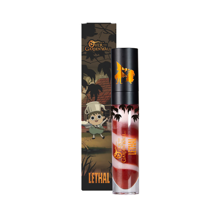 A tube of lip gloss with its matching retail box, the lip gloss is swirled beige and brown