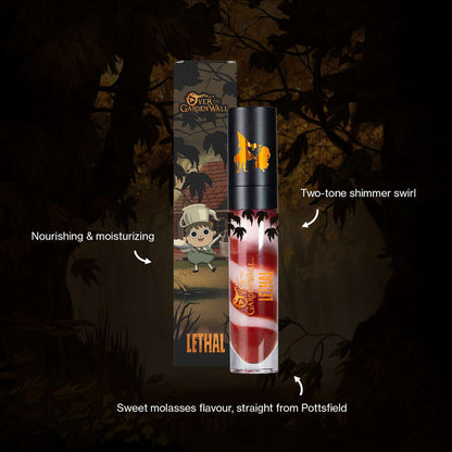 Lip Gloss from Over the Garden Wall, swirled beige and brown. Surrounding it are product claims: Nourishing & moisturizing, two-tone shimmer swirl, sweet molasses flavour