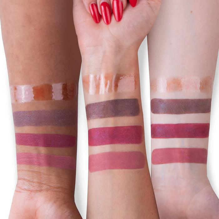 Forearm swatches display four lip gloss and liquid lipstick swatches applied horizontally on light, medium, and deep skin