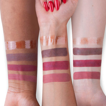 Forearm swatches display four lip gloss and liquid lipstick swatches applied horizontally on light, medium, and deep skin
