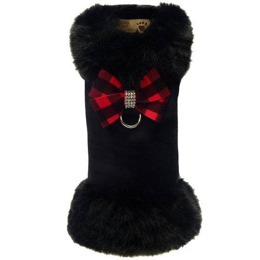 Red Gingham Nouveau Bow Black Faux Fox Fur Dog Coat