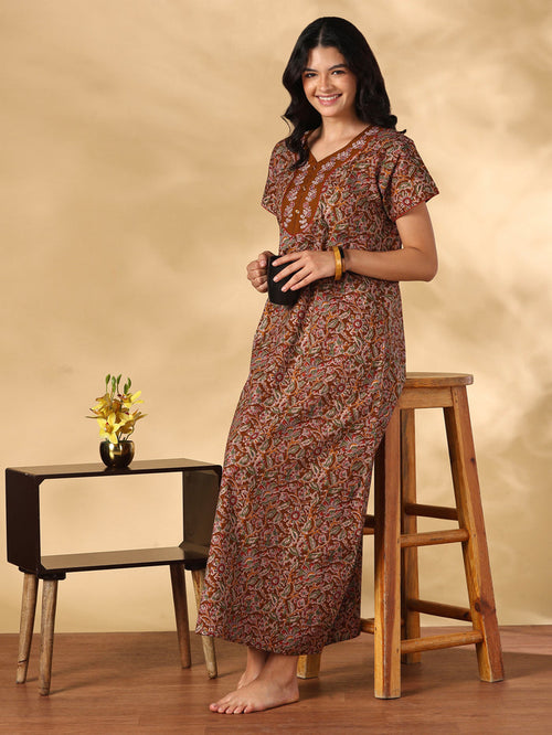 Royal mustard floral pure cotton nighty for women online