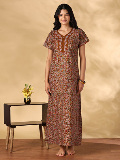 Royal mustard floral pure cotton nighty for women online