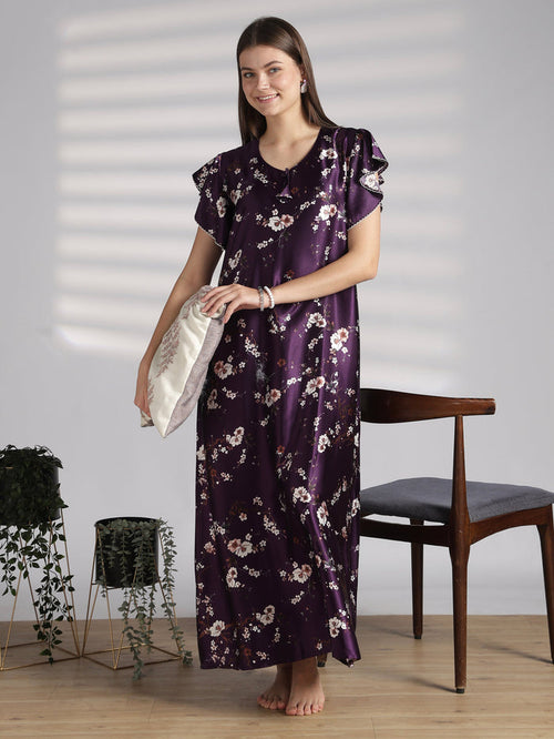 Floral satin nighty with ruffle sleeves online