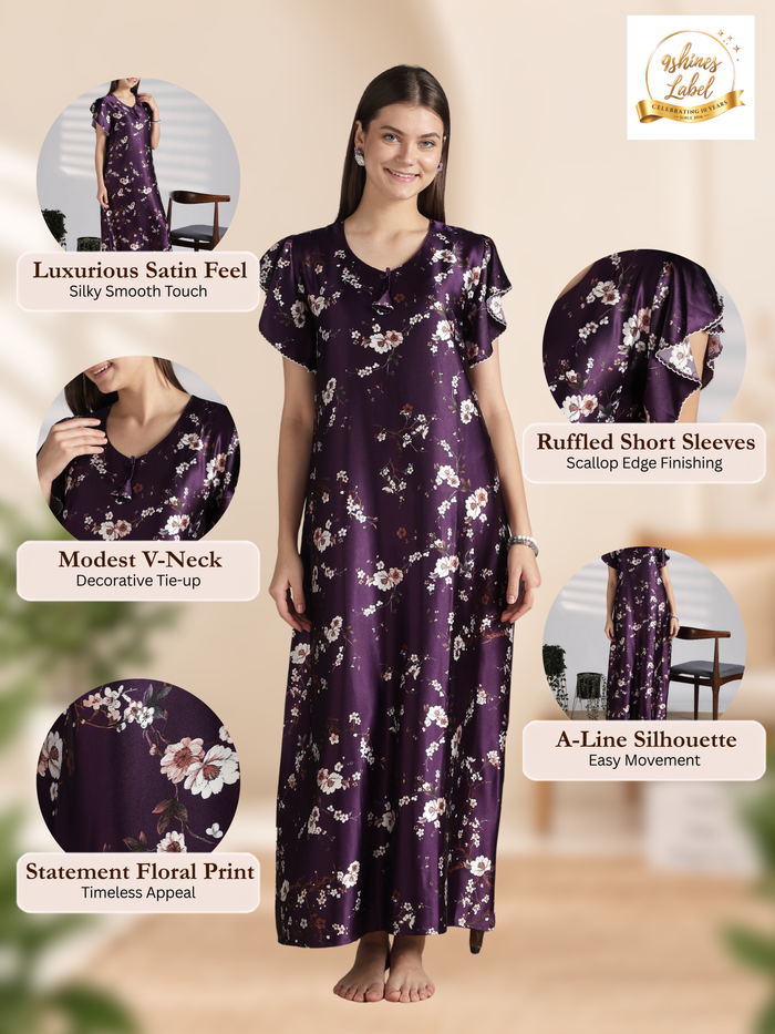 Floral satin nighty with ruffle sleeves online
