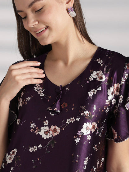 Floral satin nighty with ruffle sleeves online