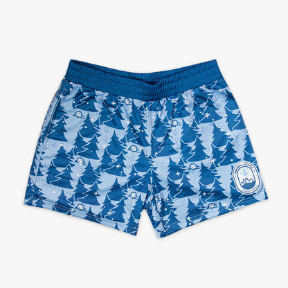 Blue shorts with tree pattern on a white background