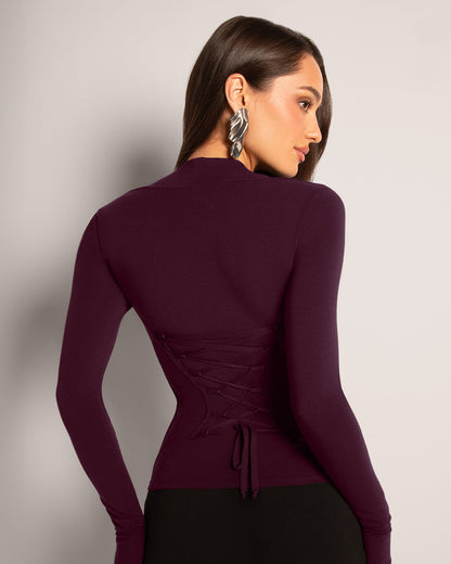 Back view close up of Shapey Ruched Long Sleeve Top - Garnet