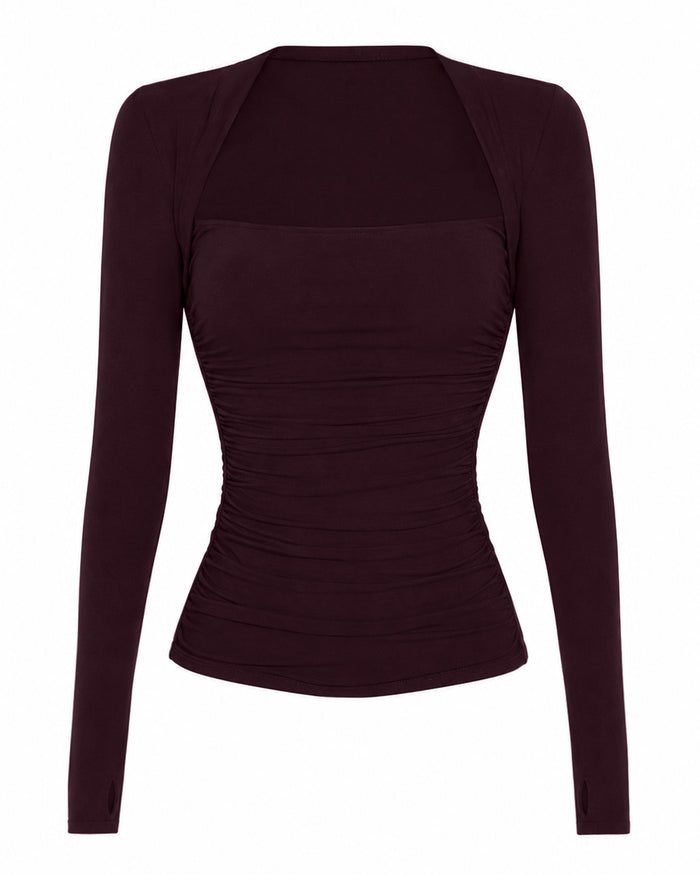 Outline image of Shapey Ruched Long Sleeve Top - Garnet