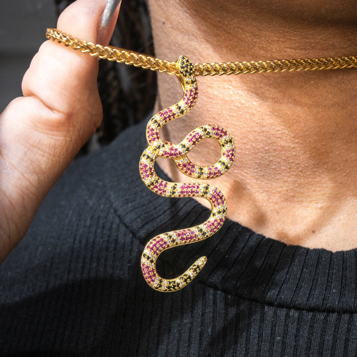 Womens Jewelry - 14K Gold Iced Out VVS Twisted Snake Necklace | Appx. 10 Grams