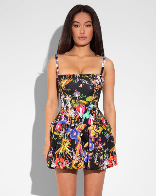 Model Wears Squarey Convertible Bubble Tummy Control Shapewear Mini Dress - Forest Dream Front View