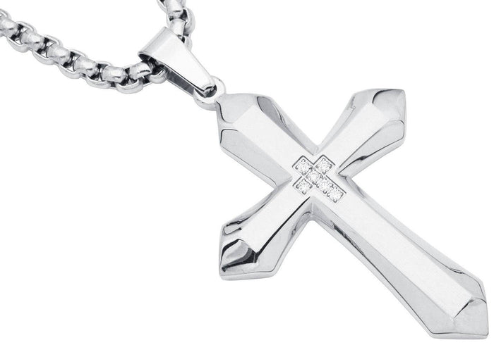 S.steel CZ Cross Pendant  w/ 24" Round Box Chain