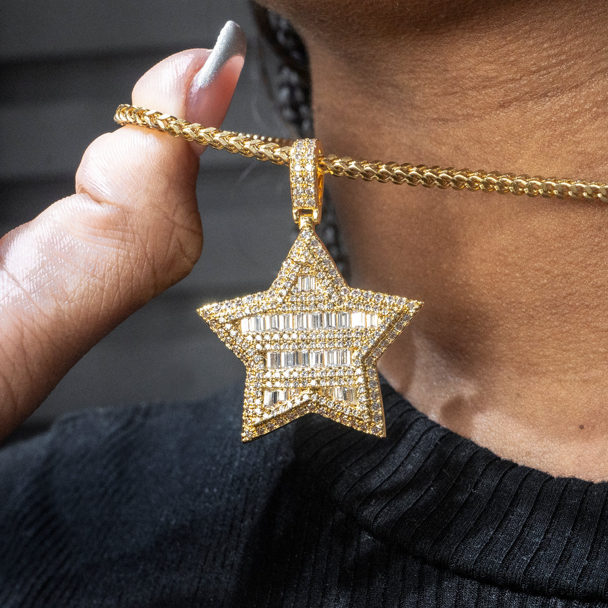 Womens Jewelry - 14K Gold Iced Out VVS Star Baguette Necklace | Appx. 18 Grams