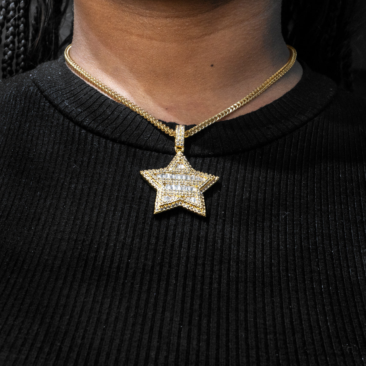 Womens Jewelry - 14K Gold Iced Out VVS Star Baguette Necklace | Appx. 18 Grams